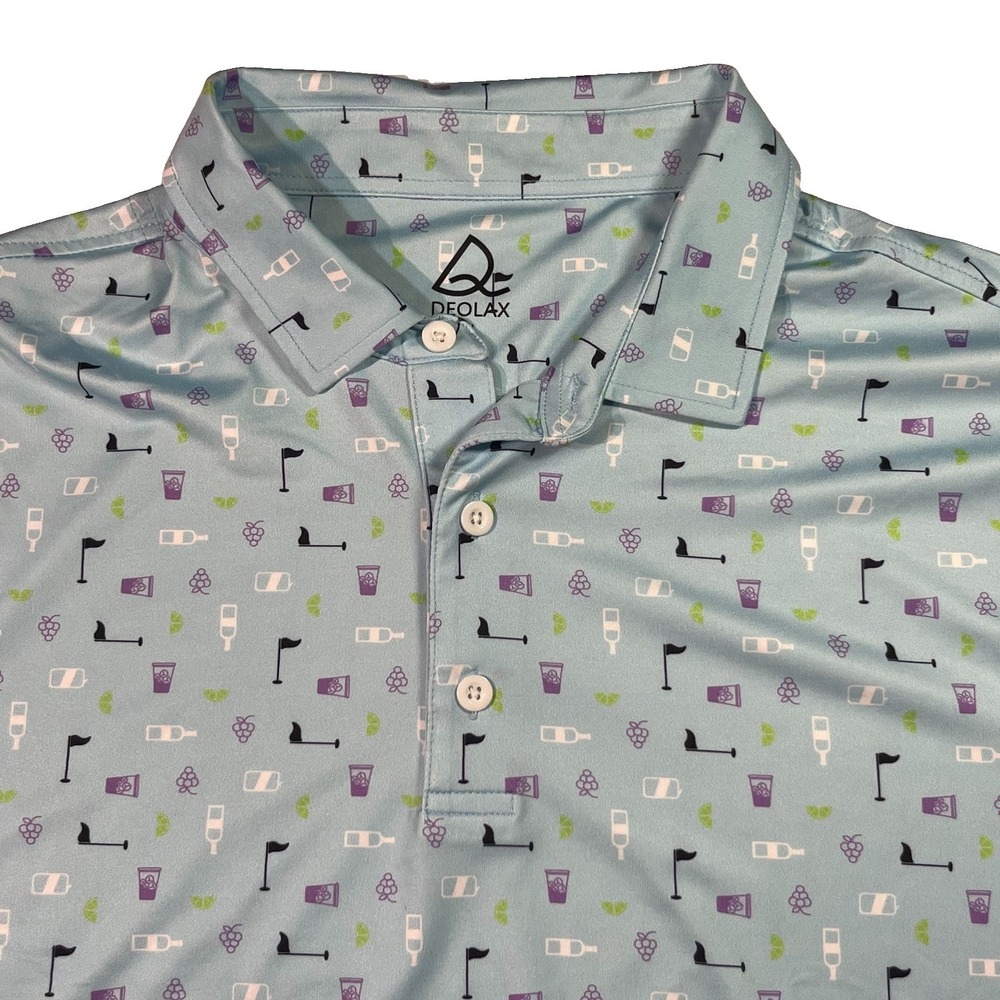 Deolax Men's Golf Polo Xl Performance Cocktails And Pin Flags Print EUC